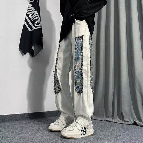 Men Jeans Patchwork Stitching Jeans Loose Straight Trousers