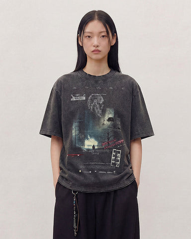 Dark Washed Futuristic Graphic Short Sleeve T-Shirt
