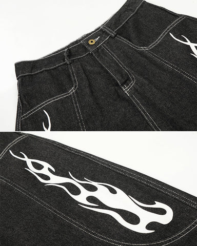 Flame Panel Seven-Length Denim Shorts