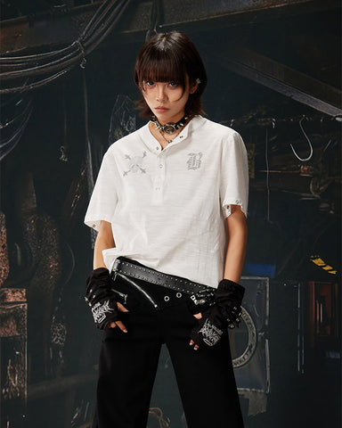 Dark Gothic Skull Print Henley Short Tee New