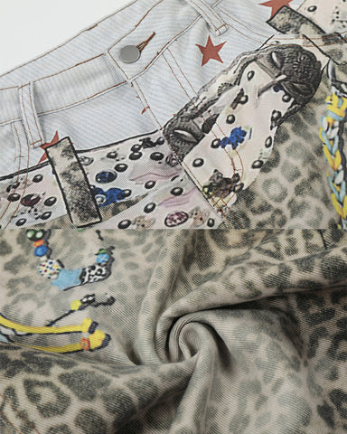 Leopard Print Chain Seven-Length Denim Pants