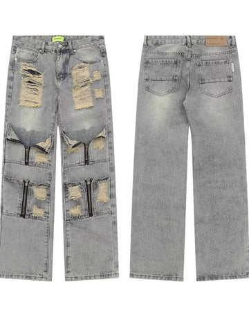 Men Jeans Vintage Distressed Multi-Pocket Straight Jeans