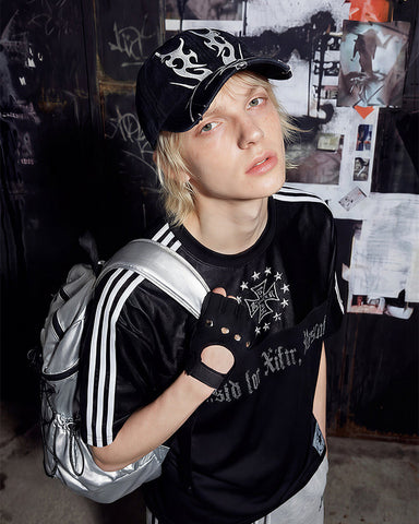 Black Gothic Letter Stripe Sport T-Shirt