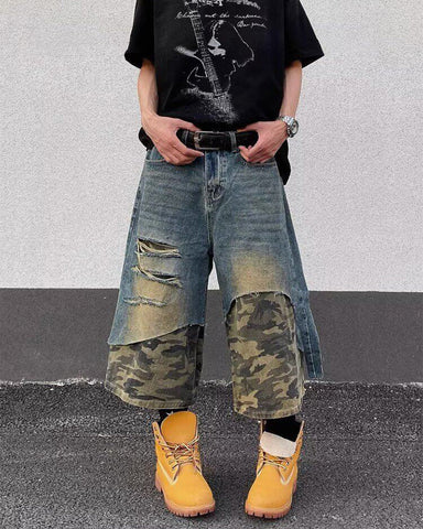 Layered Camo Patchwork Distressed Denim Shorts