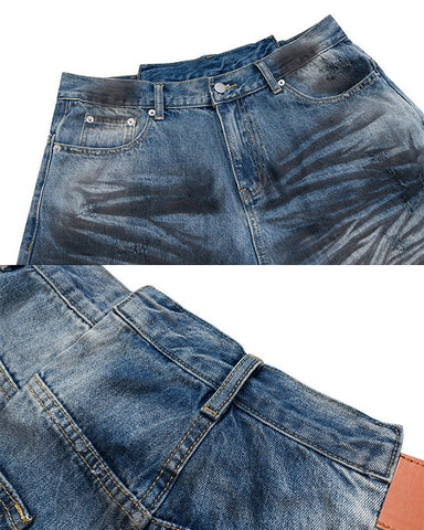 Distressed Crinkled Irregular Knee-Length Denim Shorts
