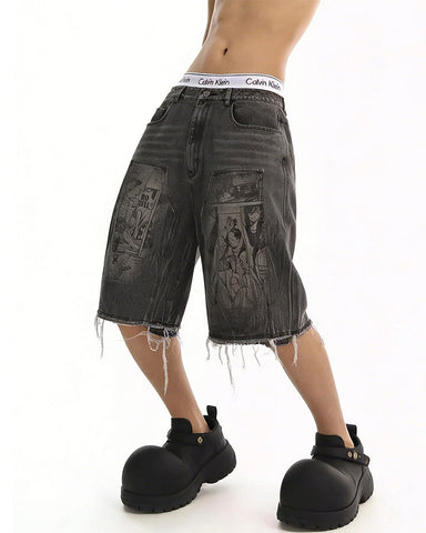 Vintage Graphic Washed Five-Length Denim Shorts