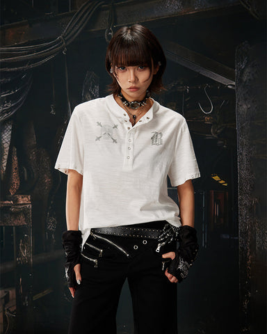 Dark Gothic Skull Print Henley Short Tee New