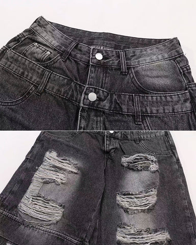 New Double Waist Distressed Denim Pants
