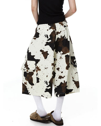 Vintage Cow Print Utility Cargo Shorts