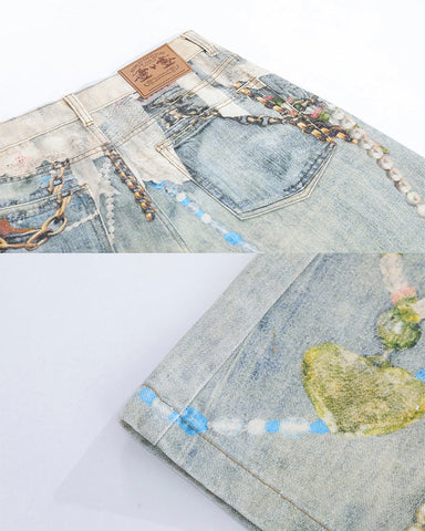 New 3D Chain Print Five-Length Denim Shorts