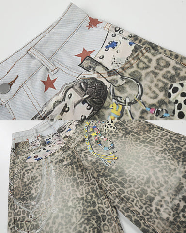Leopard Print Chain Seven-Length Denim Pants