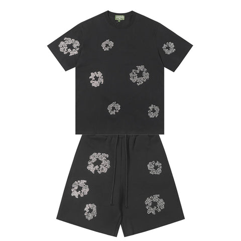 Denim Tears T shirt & Shorts 2 Piece Set Rhinestones