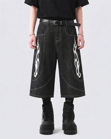 Flame Panel Seven-Length Denim Shorts