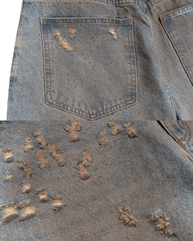 Vintage Washed Patchwork Distressed Dirty Denim Shorts
