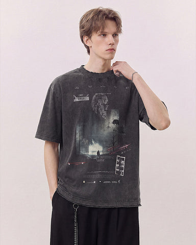 Dark Washed Futuristic Graphic Short Sleeve T-Shirt