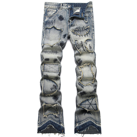 Mens Fashion Jeans Patchwork wide-leg pants 5713#