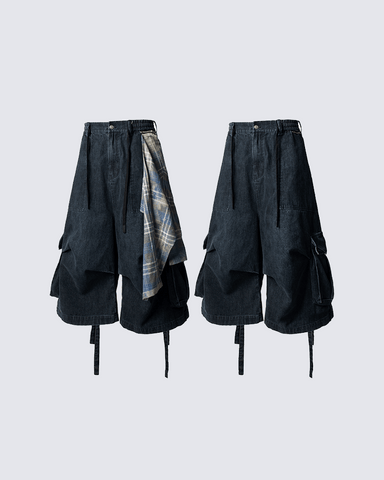 Utility Denim 3/4 Shorts with Detachable Back Flap