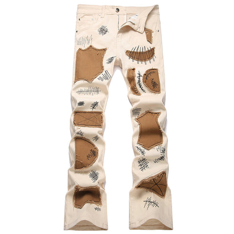 Mens Fashion Jeans Patchwork wide-leg pants 5712#