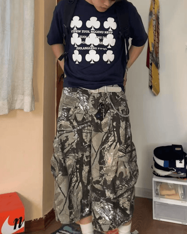 Camo Print Wide-Leg Cargo Shorts