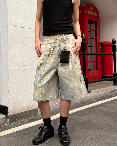 New 3D Chain Print Five-Length Denim Shorts