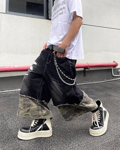 New Washed Black Camo Patchwork Shorts
