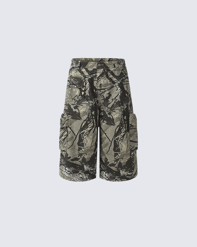 Camo Print Wide-Leg Cargo Shorts