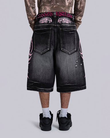 Distressed New Tribal Print Denim Shorts