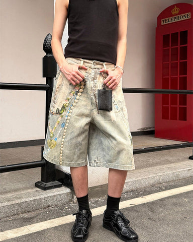 New 3D Chain Print Five-Length Denim Shorts