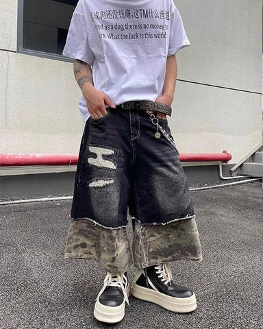 New Washed Black Camo Patchwork Shorts
