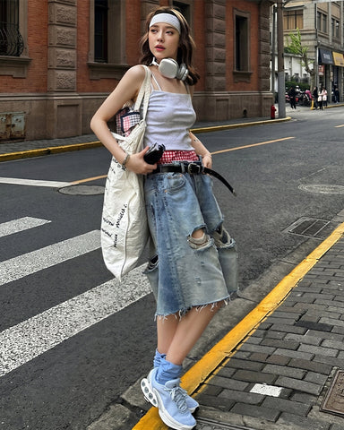 New Light Washed Distressed Denim Shorts