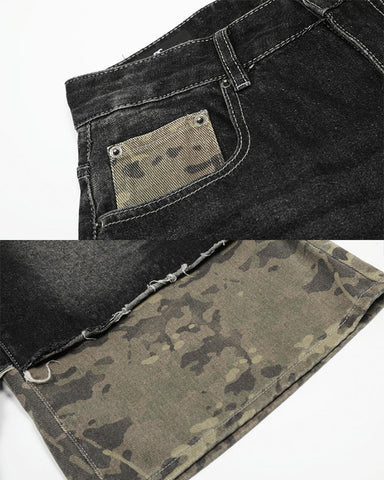 New Washed Black Camo Patchwork Shorts