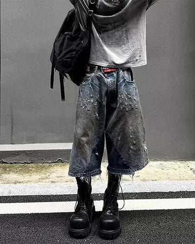 Vintage Washed Patchwork Distressed Dirty Denim Shorts