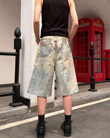 New 3D Chain Print Five-Length Denim Shorts
