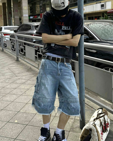 Vintage Washed Cargo Five-Length Denim Shorts