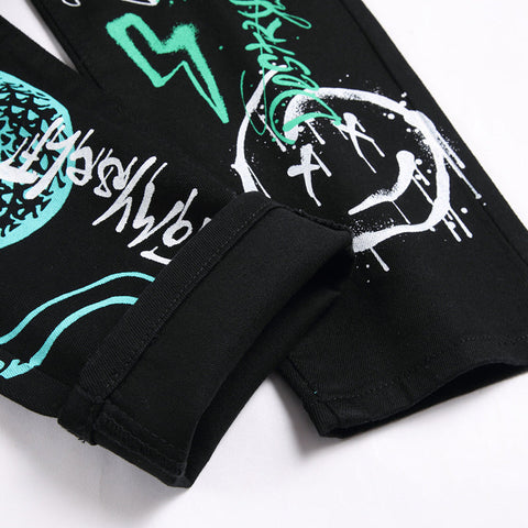 Mens Fashion Jeans Green Snake Street Graffiti 5705#