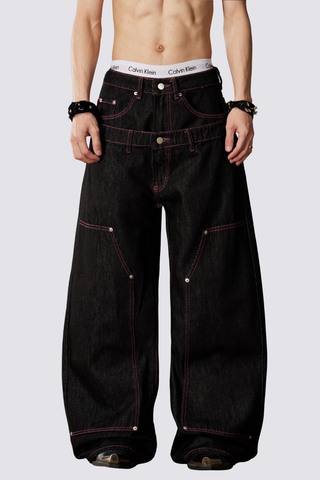Drift Abrasion Barrel Double Waistband Jeans