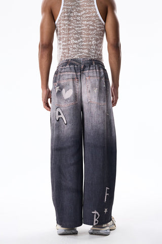 Layer Wave Cat Print Straight Jeans