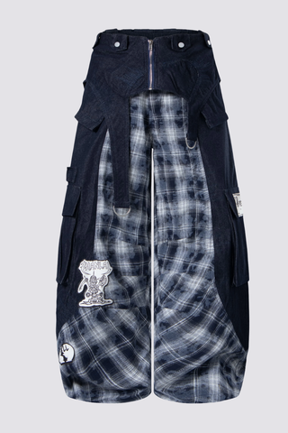 Night Mileage Embroidery Plaid Barrel Jeans Blue