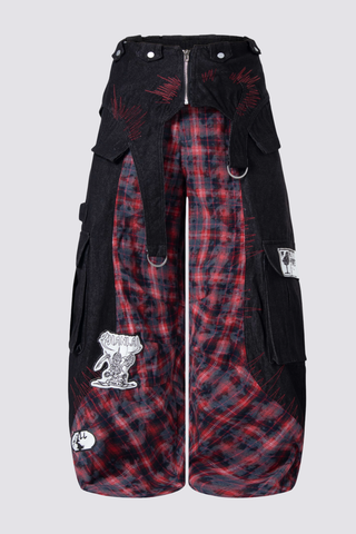 Night Mileage Embroidery Plaid Barrel Jeans Red