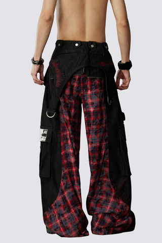 Night Mileage Embroidery Plaid Barrel Jeans Red