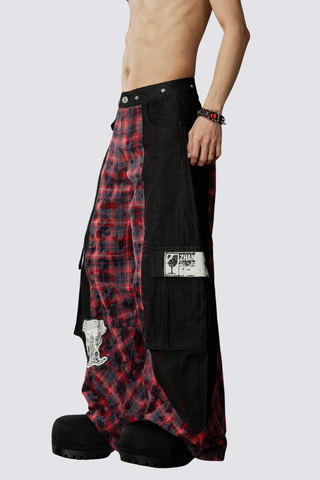 Night Mileage Embroidery Plaid Barrel Jeans Red