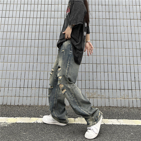 Men Jeans Retro Washed Distressed Ripped Jeans