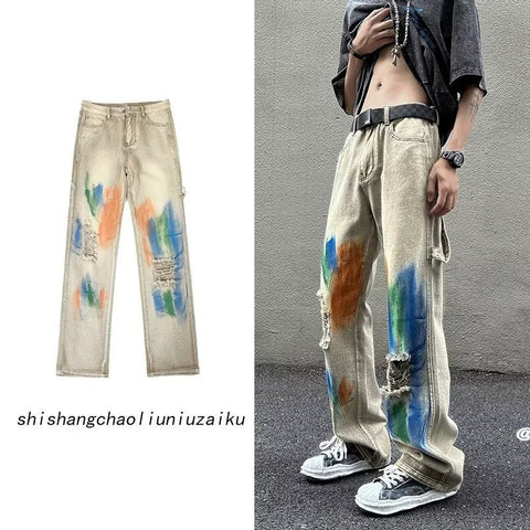 Men Jeans Washed Jeans Ripped Tie-Dye Pants Men Straight-Leg Pants