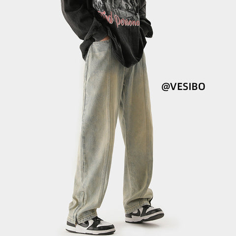 Men Jeans Retro Distressed Straight-Leg Pants Autumn Loose Casual Pants