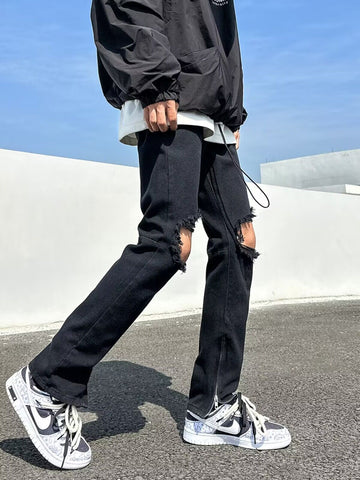 Men Jeans Black Ripped Zipper Jeans Summer Straight-Leg Trousers