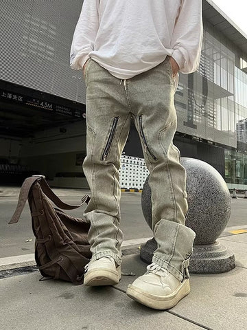 Men Jeans Worn Looking Washed-out Side Zipper Slightly Flared Jeans