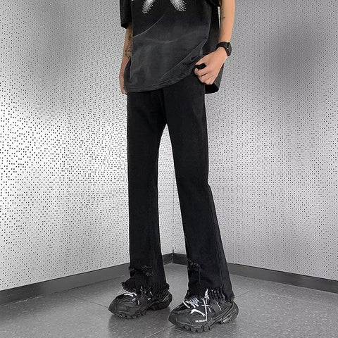 Men Jeans Raw Hem Ripped Skinny Jeans Summer Baggy Straight Trousers