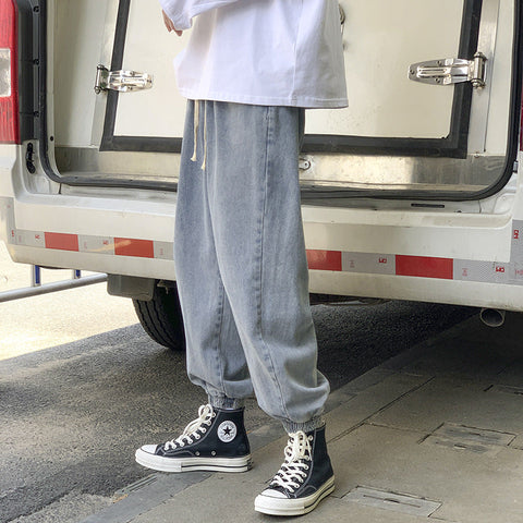 Men Jeans Fleece Addition Denim Trousers Men's Spring and Autumn Loose Wide-Leg Pants