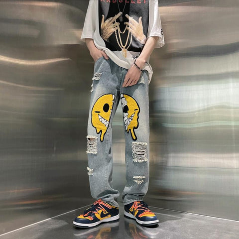 Men Jeans Ripped Jeans Men's Summer Loose Wide Leg Pants