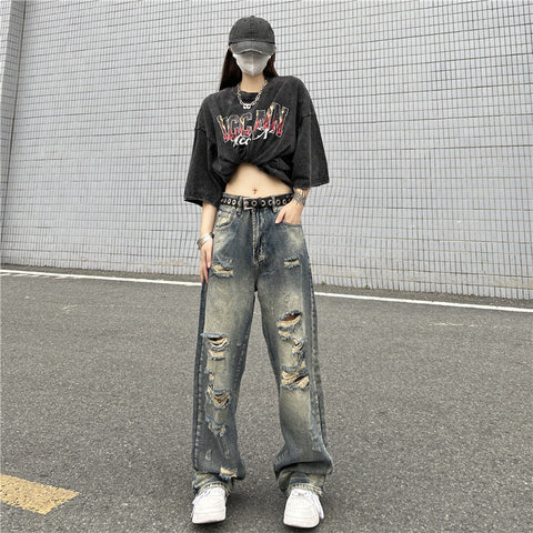 Men Jeans Retro Washed Distressed Ripped Jeans